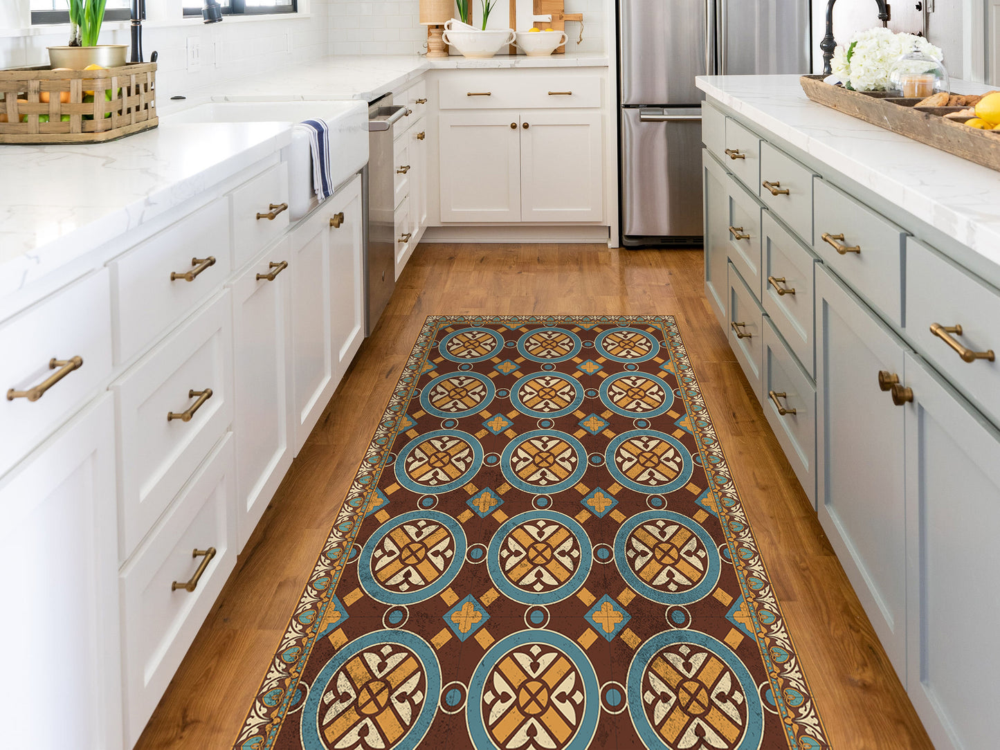 Maroccan Zellige vinyl floor mat with vintage tiles – Water-Resistant & Non-Slip for Bathroom, Kitchen, Hallway – 70 cm Width  | By the Meter