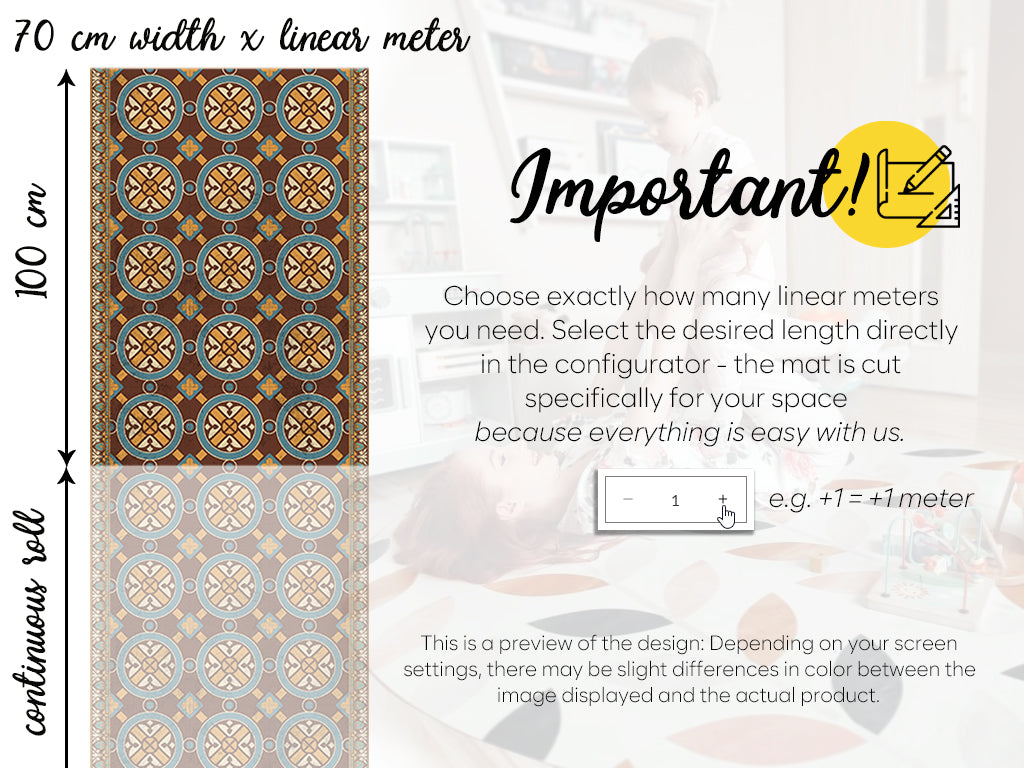 Maroccan Zellige vinyl floor mat with vintage tiles – Water-Resistant & Non-Slip for Bathroom, Kitchen, Hallway – 70 cm Width  | By the Meter