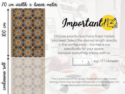Maroccan Zellige vinyl floor mat with vintage tiles – Water-Resistant & Non-Slip for Bathroom, Kitchen, Hallway – 70 cm Width  | By the Meter