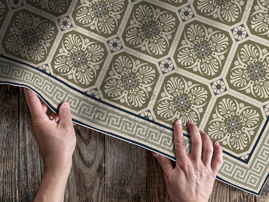 Mediterranean vinyl floor mat with vintage tiles and decorative frame – Water-Resistant & Non-Slip | Custom Sizes