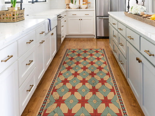 Moorish vinyl floor mat with vintage tiles – Water-Resistant & Non-Slip for Bathroom, Kitchen, Hallway – 70 cm Width  | By the Meter