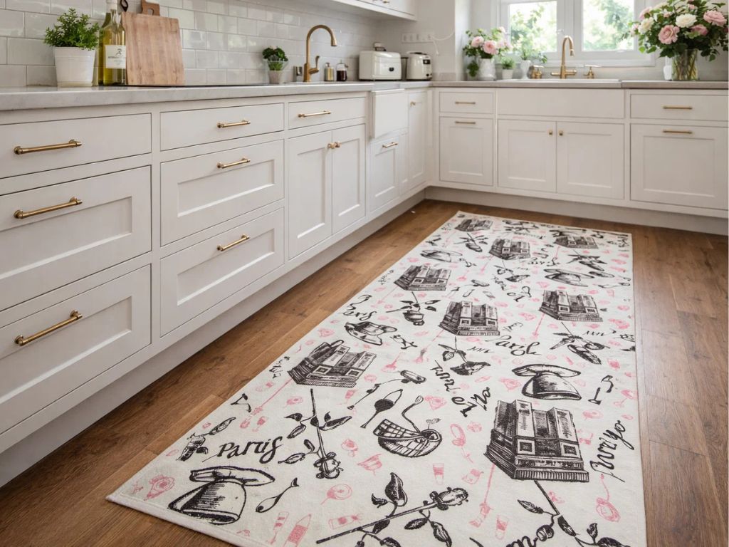 Paris Romance vinyl floor mat with symbols of France – Water-Resistant & Non-Slip for Bathroom, Kitchen, Hallway – 70 cm Width  | By the Meter
