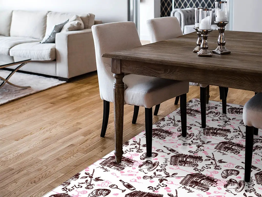 Paris Romance vinyl floor mat with symbols of France – Water-Resistant & Non-Slip for Bathroom, Kitchen, Hallway – 70 cm Width  | By the Meter