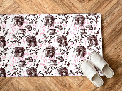 Paris Romance vinyl floor mat with symbols of France – Water-Resistant & Non-Slip for Bathroom, Kitchen, Hallway – 70 cm Width  | By the Meter
