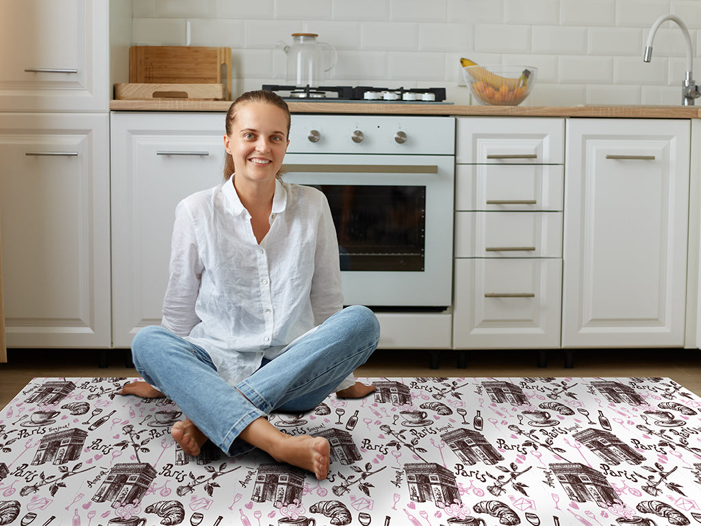 Paris Romance vinyl floor mat with symbols of France – Water-Resistant & Non-Slip for Bathroom, Kitchen, Hallway – 70 cm Width  | By the Meter