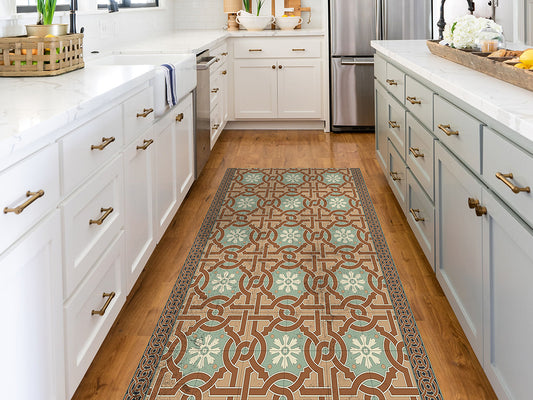Persian tilework vinyl floor mat with vintage tiles – Water-Resistant & Non-Slip for Bathroom, Kitchen, Hallway – 70 cm Width  | By the Meter