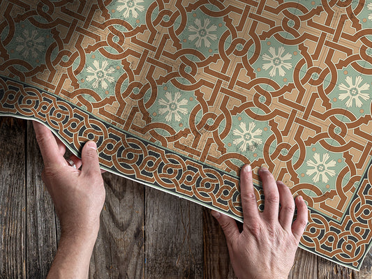 Persian tilework vinyl floor mat with vintage tiles and decorative frame – Water-Resistant & Non-Slip | Custom Sizes