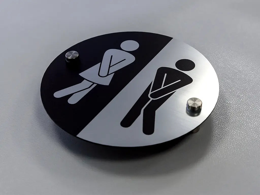 Round Bathroom Sign – modern unisex WC restroom sign, Mounting Hardware Included