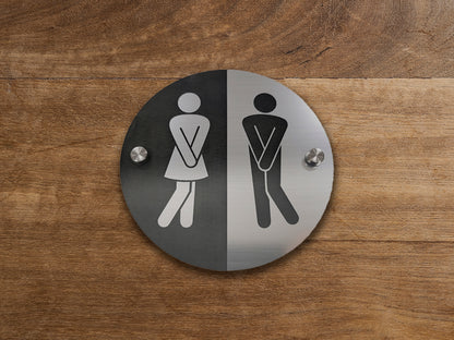 Round Bathroom Sign – modern unisex WC restroom sign, Mounting Hardware Included