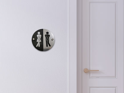Round Bathroom Sign – modern unisex WC restroom sign, Mounting Hardware Included