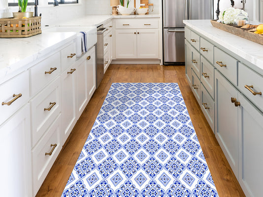 Portuguese tilework vinyl floor mat with iconic blue traditional ceramic tiles – Water-Resistant & Non-Slip for Bathroom, Kitchen, Hallway – 70 cm Width  | By the Meter