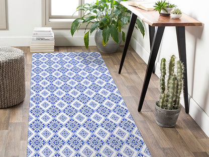 Portuguese tilework vinyl floor mat with iconic blue traditional ceramic tiles – Water-Resistant & Non-Slip for Bathroom, Kitchen, Hallway – 70 cm Width  | By the Meter