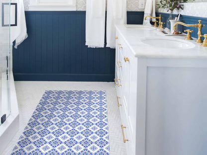 Portuguese tilework vinyl floor mat with iconic blue traditional ceramic tiles – Water-Resistant & Non-Slip for Bathroom, Kitchen, Hallway – 70 cm Width  | By the Meter