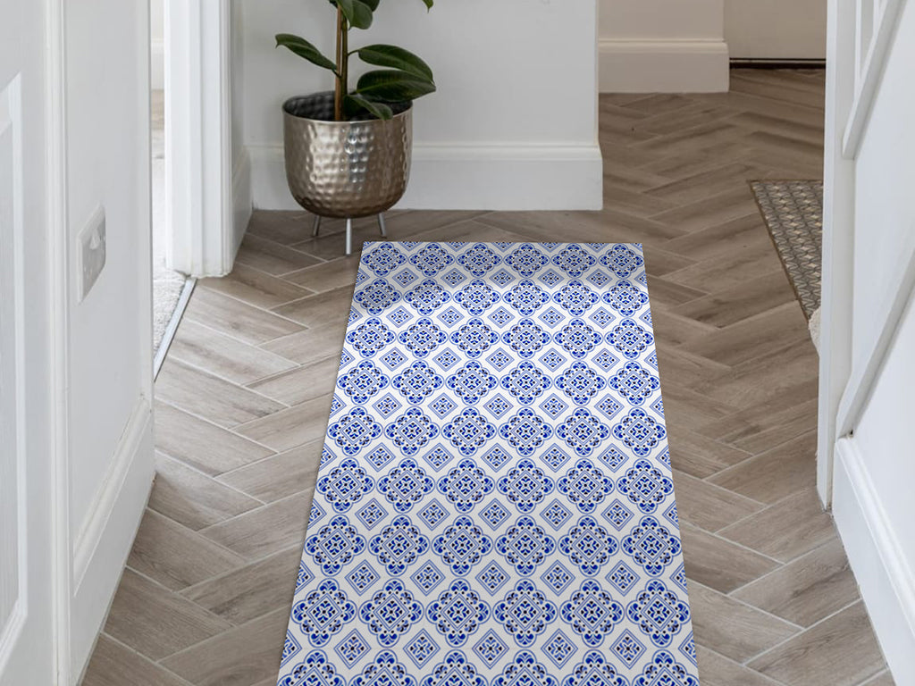 Portuguese tilework vinyl floor mat with iconic blue traditional ceramic tiles – Water-Resistant & Non-Slip for Bathroom, Kitchen, Hallway – 70 cm Width  | By the Meter