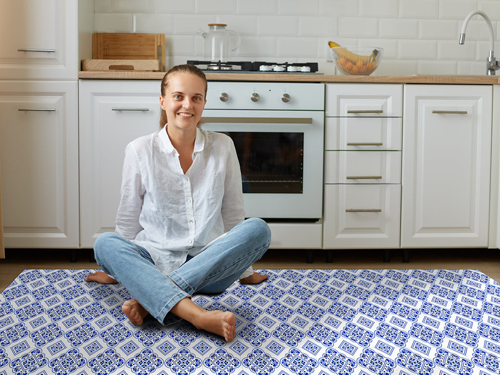 Portuguese tilework vinyl floor mat with iconic blue traditional ceramic tiles – Water-Resistant & Non-Slip for Bathroom, Kitchen, Hallway – 70 cm Width  | By the Meter