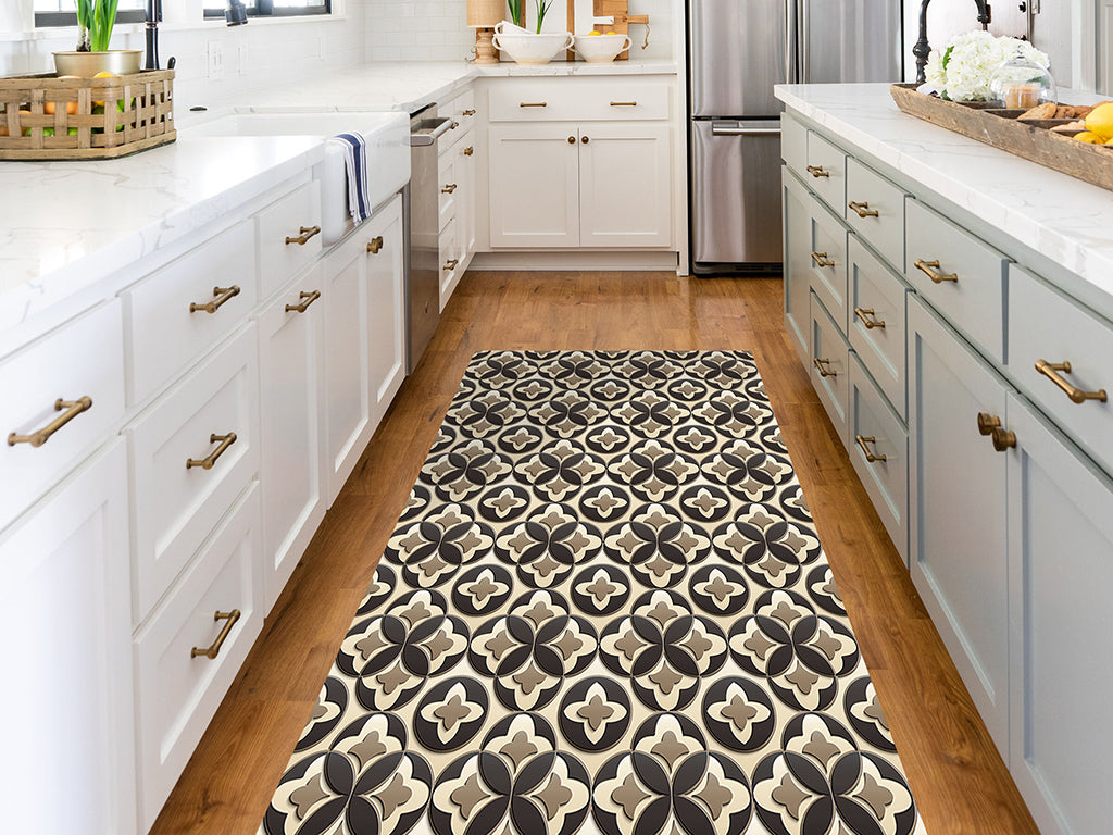 Quatrefoil geometric pattern vinyl floor mat with 3D effect design – Water-Resistant & Non-Slip for Bathroom, Kitchen, Hallway – 70 cm Width  | By the Meter