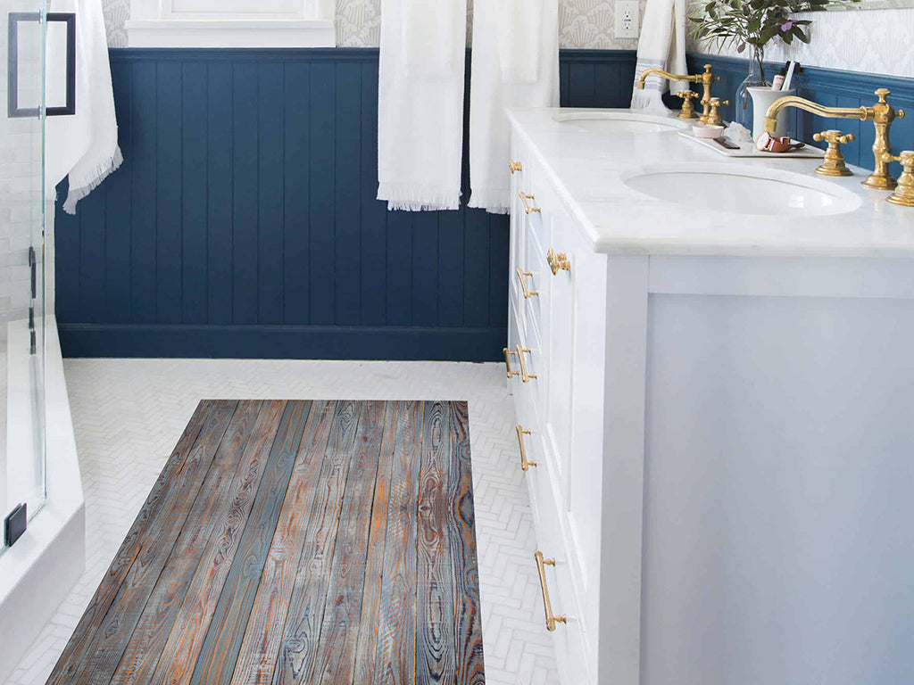 Rustic pine wood texture vinyl floor mat with natural patina pattern – Water-Resistant & Non-Slip for Bathroom, Kitchen, Hallway – 70 cm Width  | By the Meter