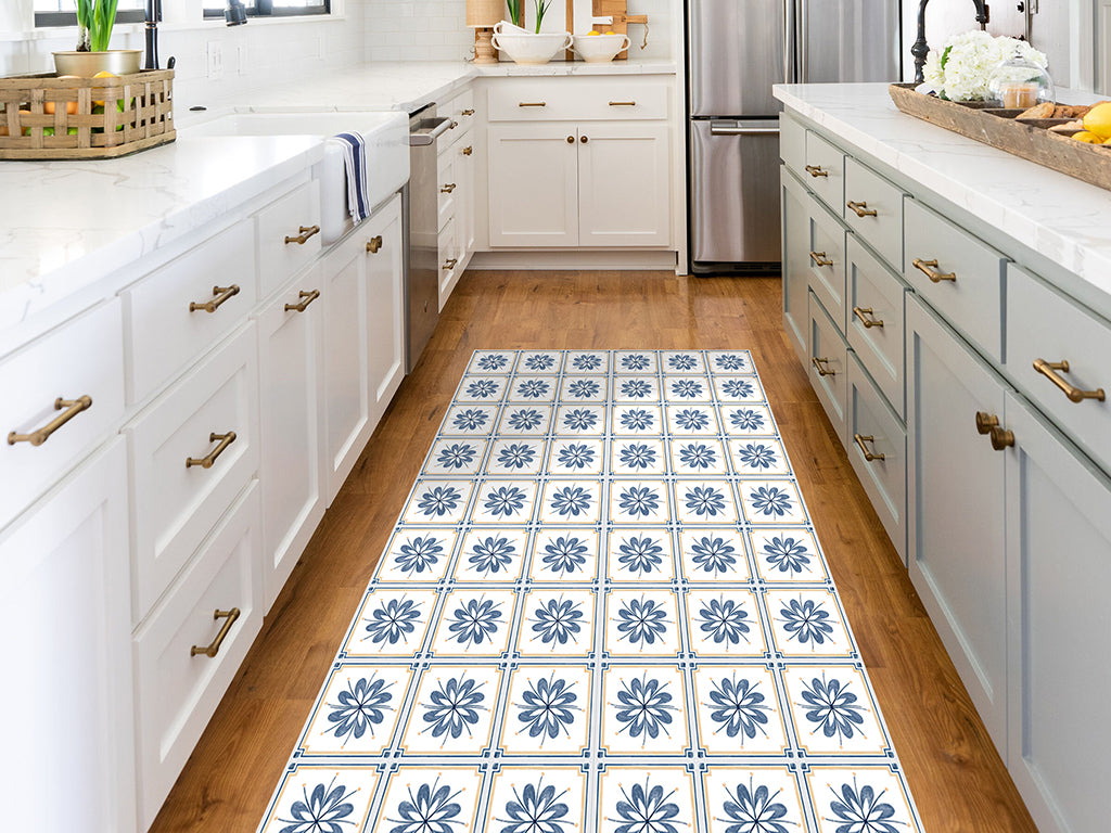 Spanish Talavera vinyl floor mat with blue flowers tiles – Water-Resistant & Non-Slip for Bathroom, Kitchen, Hallway – 70 cm Width  | By the Meter