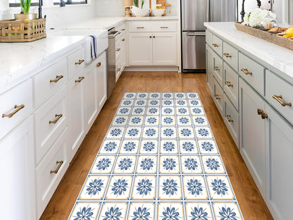 Spanish Talavera vinyl floor mat with blue flowers tiles – Water-Resistant & Non-Slip for Bathroom, Kitchen, Hallway – 70 cm Width  | By the Meter