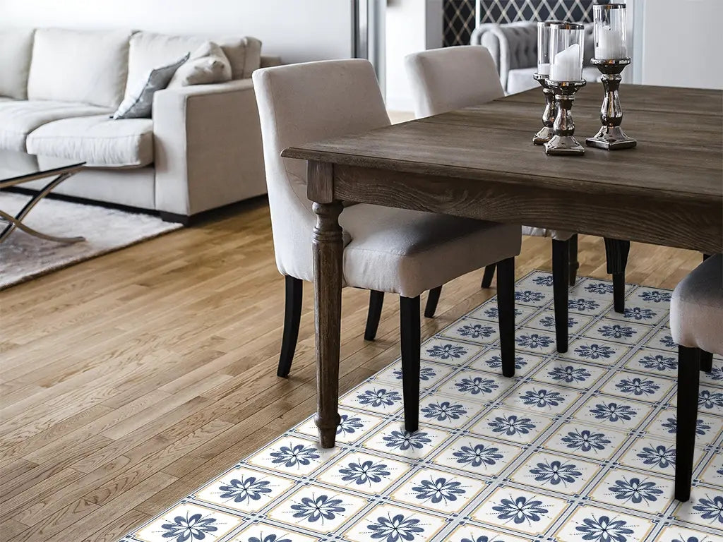 Spanish Talavera vinyl floor mat with blue flowers tiles – Water-Resistant & Non-Slip for Bathroom, Kitchen, Hallway – 70 cm Width  | By the Meter