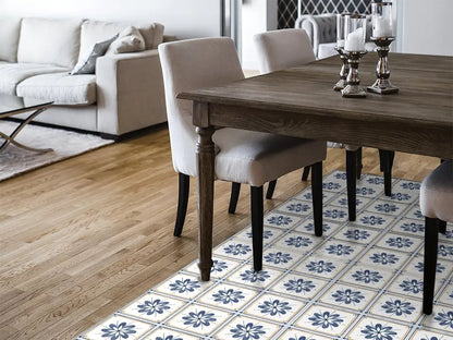 Spanish Talavera vinyl floor mat with blue flowers tiles – Water-Resistant & Non-Slip for Bathroom, Kitchen, Hallway – 70 cm Width  | By the Meter