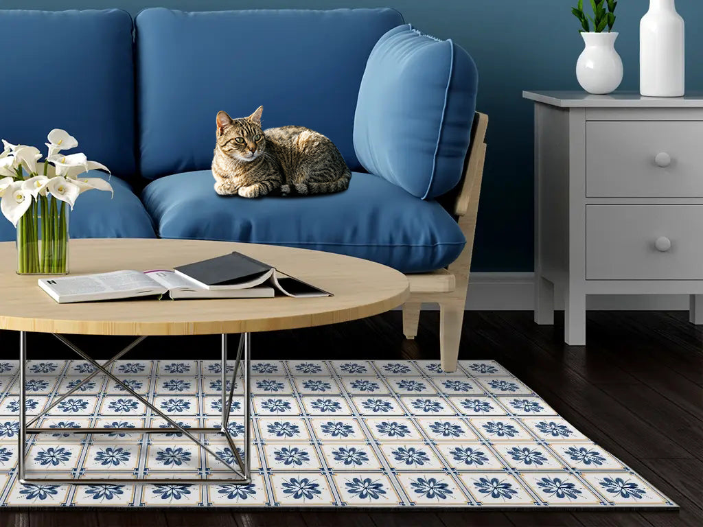 Spanish Talavera vinyl floor mat with blue flowers tiles – Water-Resistant & Non-Slip for Bathroom, Kitchen, Hallway – 70 cm Width  | By the Meter