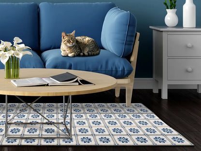 Spanish Talavera vinyl floor mat with blue flowers tiles – Water-Resistant & Non-Slip for Bathroom, Kitchen, Hallway – 70 cm Width  | By the Meter
