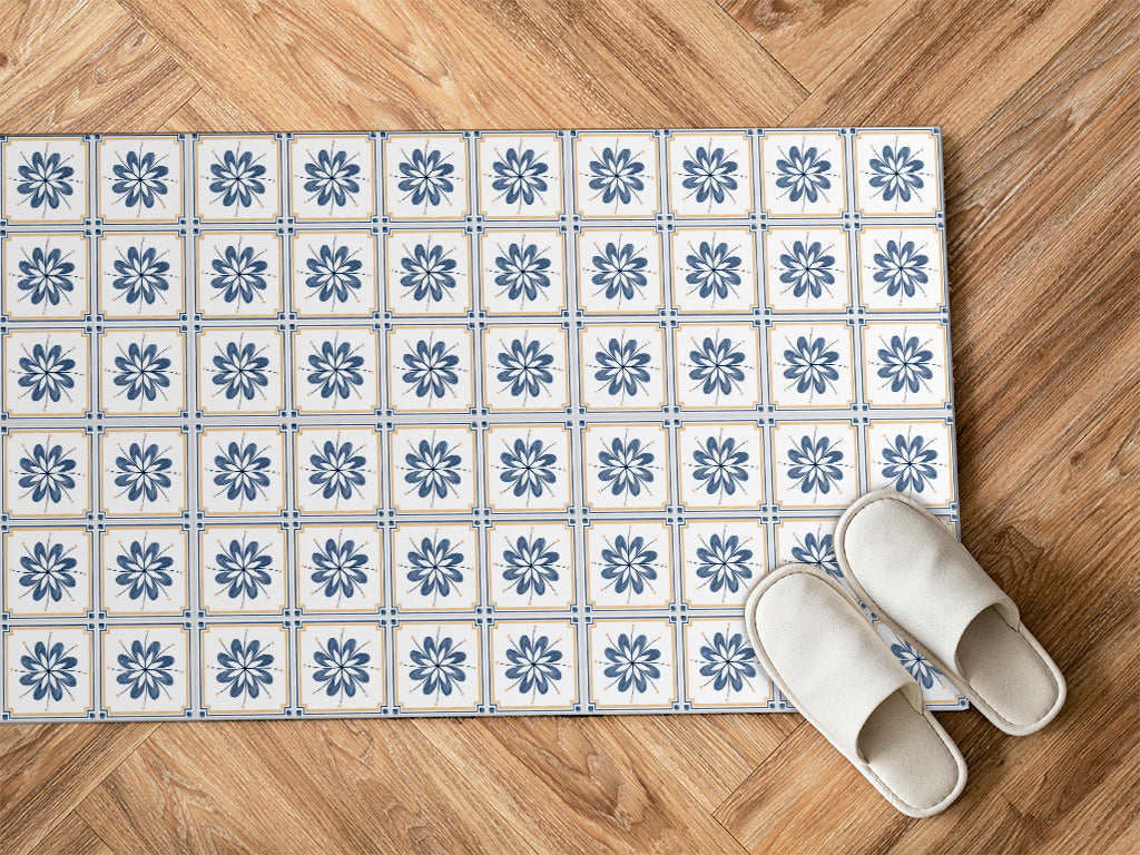Spanish Talavera vinyl floor mat with blue flowers tiles – Water-Resistant & Non-Slip for Bathroom, Kitchen, Hallway – 70 cm Width  | By the Meter