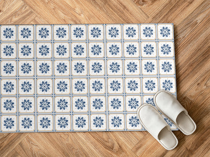 Spanish Talavera vinyl floor mat with blue flowers tiles – Water-Resistant & Non-Slip for Bathroom, Kitchen, Hallway – 70 cm Width  | By the Meter