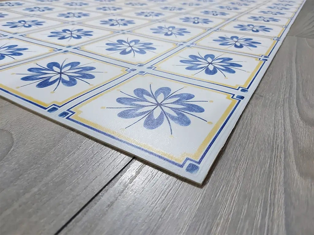 Spanish Talavera vinyl floor mat with blue flowers tiles – Water-Resistant & Non-Slip for Bathroom, Kitchen, Hallway – 70 cm Width  | By the Meter
