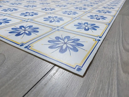 Spanish Talavera vinyl floor mat with blue flowers tiles – Water-Resistant & Non-Slip for Bathroom, Kitchen, Hallway – 70 cm Width  | By the Meter