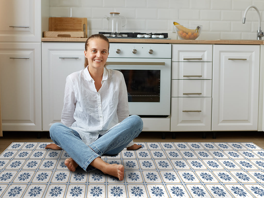 Spanish Talavera vinyl floor mat with blue flowers tiles – Water-Resistant & Non-Slip for Bathroom, Kitchen, Hallway – 70 cm Width  | By the Meter