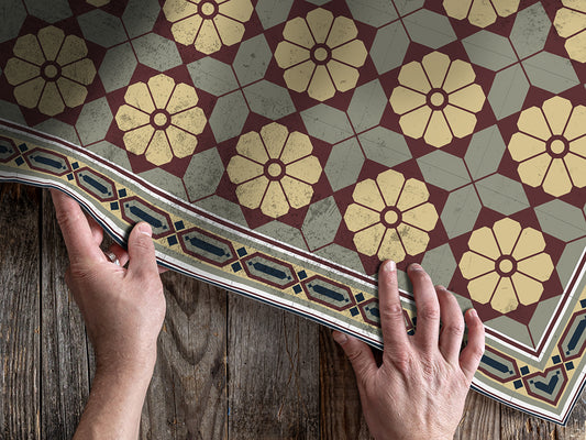 Victorian encaustic vinyl floor mat with vintage tiles and decorative frame – Water-Resistant & Non-Slip | Custom Sizes