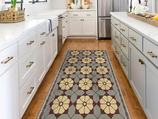 Victorian encaustic vinyl floor mat with vintage tiles – Water-Resistant & Non-Slip for Bathroom, Kitchen, Hallway – 70 cm Width  | By the Meter